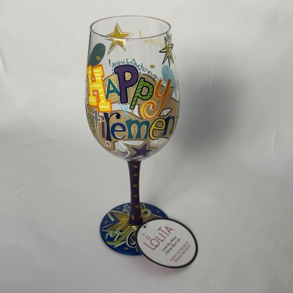 Lolita Hand Painted Wine Glass 15 oz Happy Retirement with Original Box - Picture 2 of 10